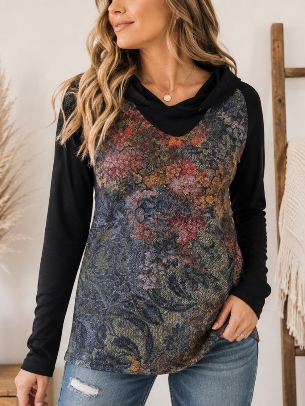 J. Jill Floral Mixed Print Long Sleeve Knit Top Size Medium